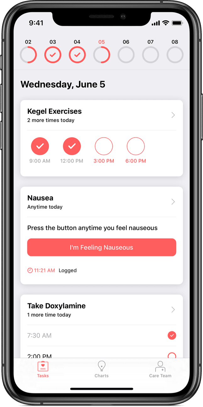 Picture of a treatment plan with a symptom tracker, daily medications and exercises